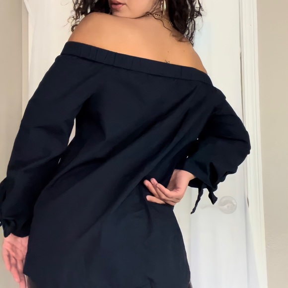 Free People Black Off Shoulder Tie Flare Sleeve Boho Tunic Long Sleeve Blouse - Picture 3 of 5